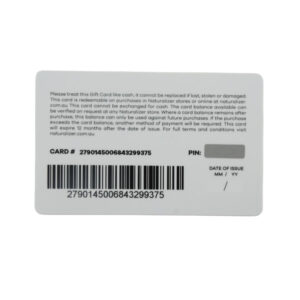 plastic gift card with barcode and pin code