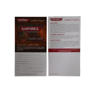 sawmill restaurant plastic loyalty club card with paper carrier 1